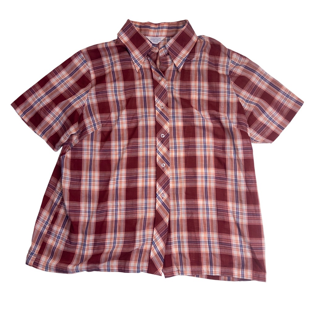 Sears PermaSmooth Shirt Mens Large Red White Plaid Vintage Short Sleeve